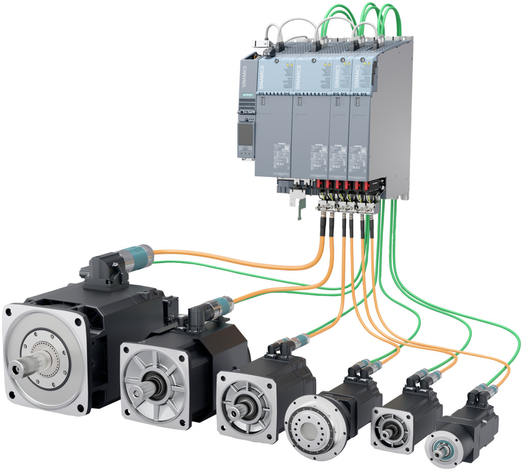 Siemens Sinamics S220 servo drive rack with a range of sizes of servo motor attached